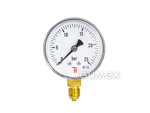 Manometer štandardný so spodným vývodom, priemer 63mm, vonkajší závit G 1/4", 0-25bar, trieda presnosti 1,6%, priezor akryl, púzdro oceľ, -40°C/+60°C